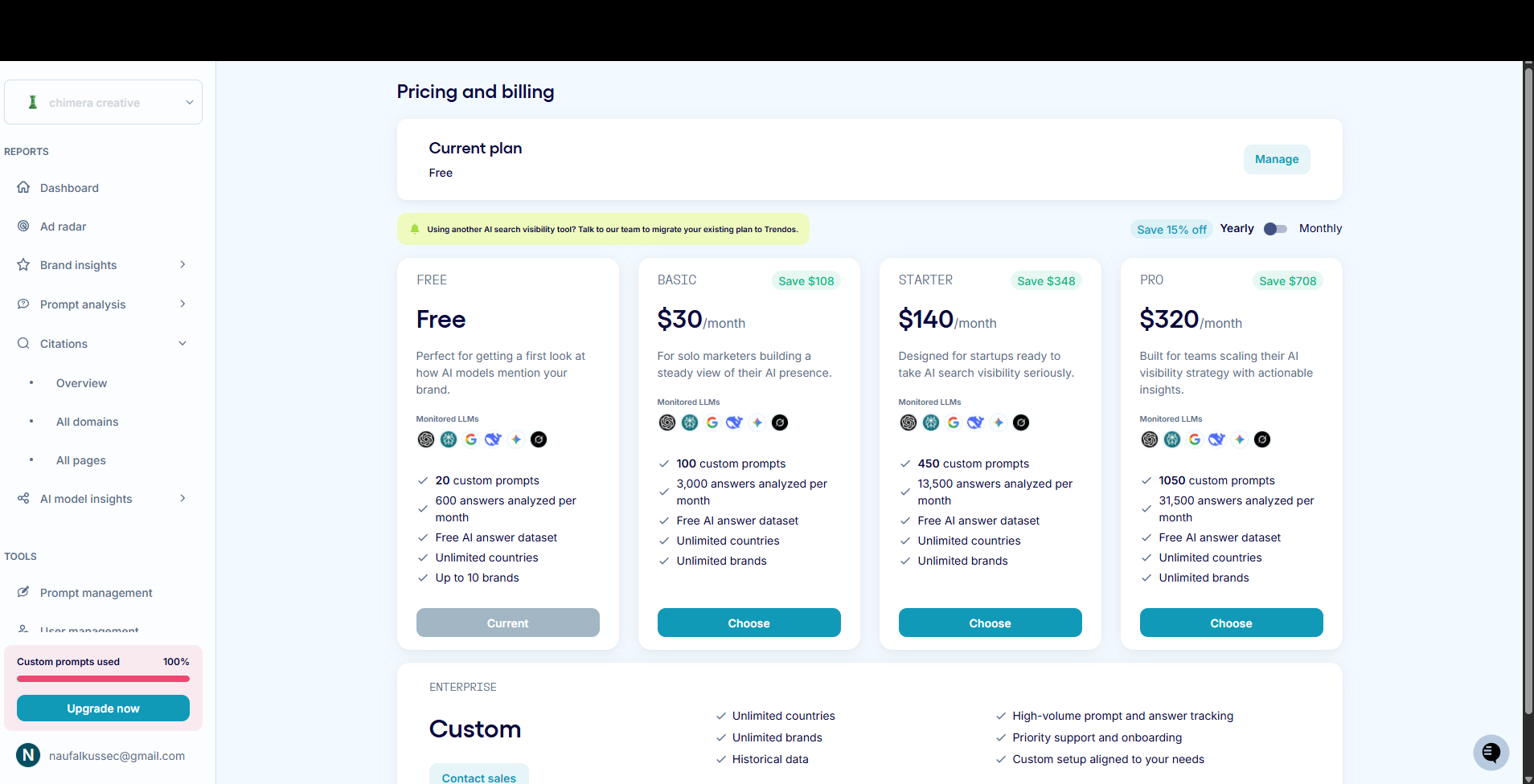 Trendos. Paket gratis dibatasi pada jumlah prompt, jumlah jawaban yang dianalisa per bulan, dan jumlah brand. Batas inilah yang mendorong user naik ke paket berbayar.